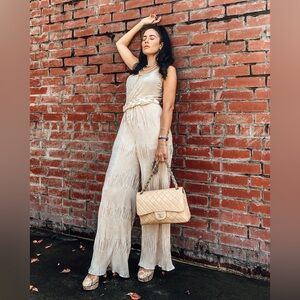 Honey Punch Metallic Ribbed Jumpsuit in Champagne